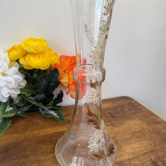 Victorian Hand Painted Clear Glass Vase Floral Enameled Tall Flower Vase Antique - Picture 5 of 6